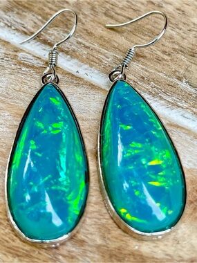 Blue-Green Opal Teardrop Dangle Earrings - Unbranded